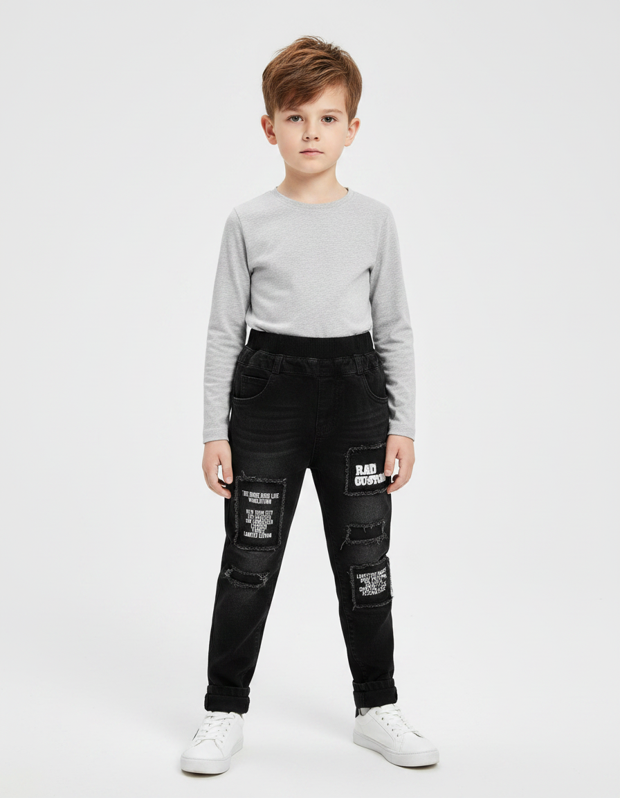 Pantalon Noir Garçon Patchs Imprimés Déchirés Slim Denim - Jean