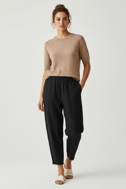 Pantalon Noir Coton Lin Ample Décontracté Femme