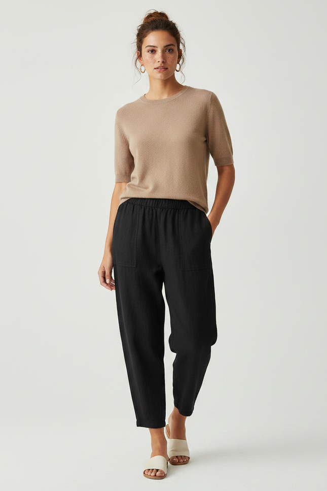 Pantalon Noir Coton Lin Ample Décontracté Femme