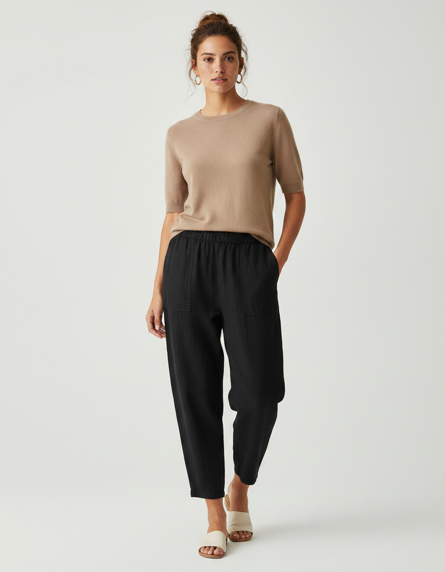 Pantalon Noir Coton Lin Ample Décontracté Femme