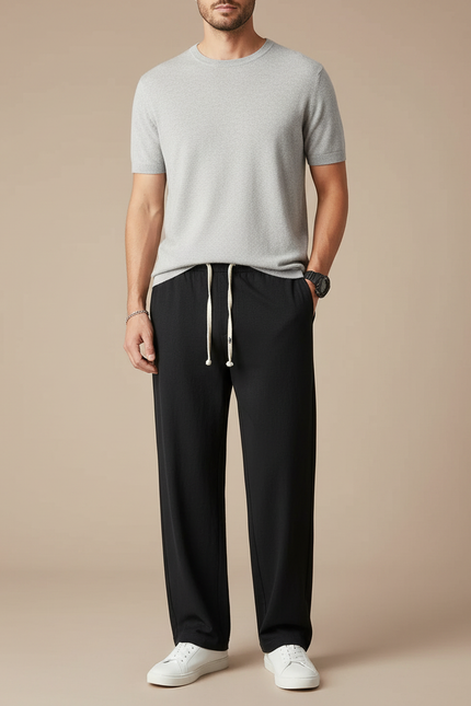 Pantalon Noir Ample Droit Décontracté Homme Cordon - Lin