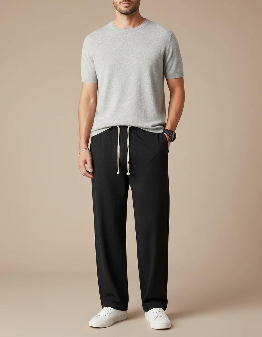 Pantalon Noir Ample Droit Décontracté Homme Cordon - Lin