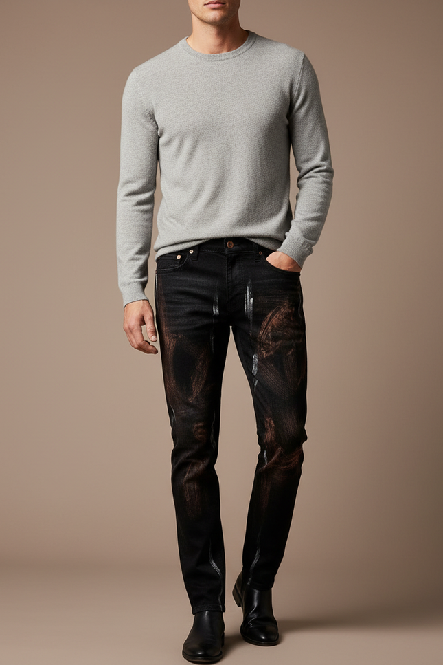 Pantalon Noir Graffiti Imprimé Streetwear Délavé Homme - Jean