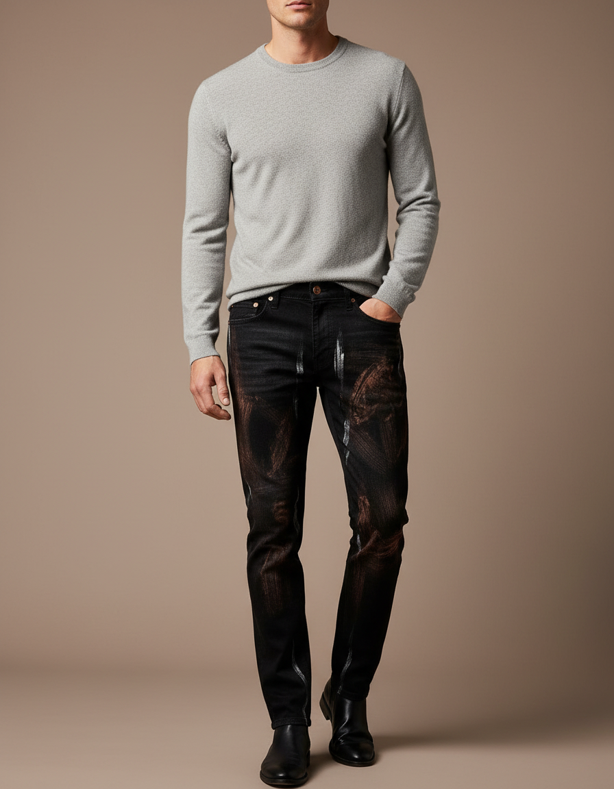 Pantalon Noir Graffiti Imprimé Streetwear Délavé Homme - Jean