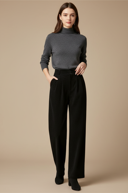 Pantalon Noir Velours Côtelé Ample Taille Haute Femme - Cordé