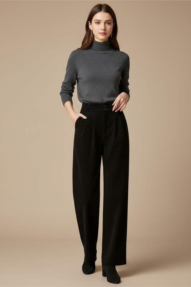 Pantalon Noir Velours Côtelé Ample Taille Haute Femme - Cordé