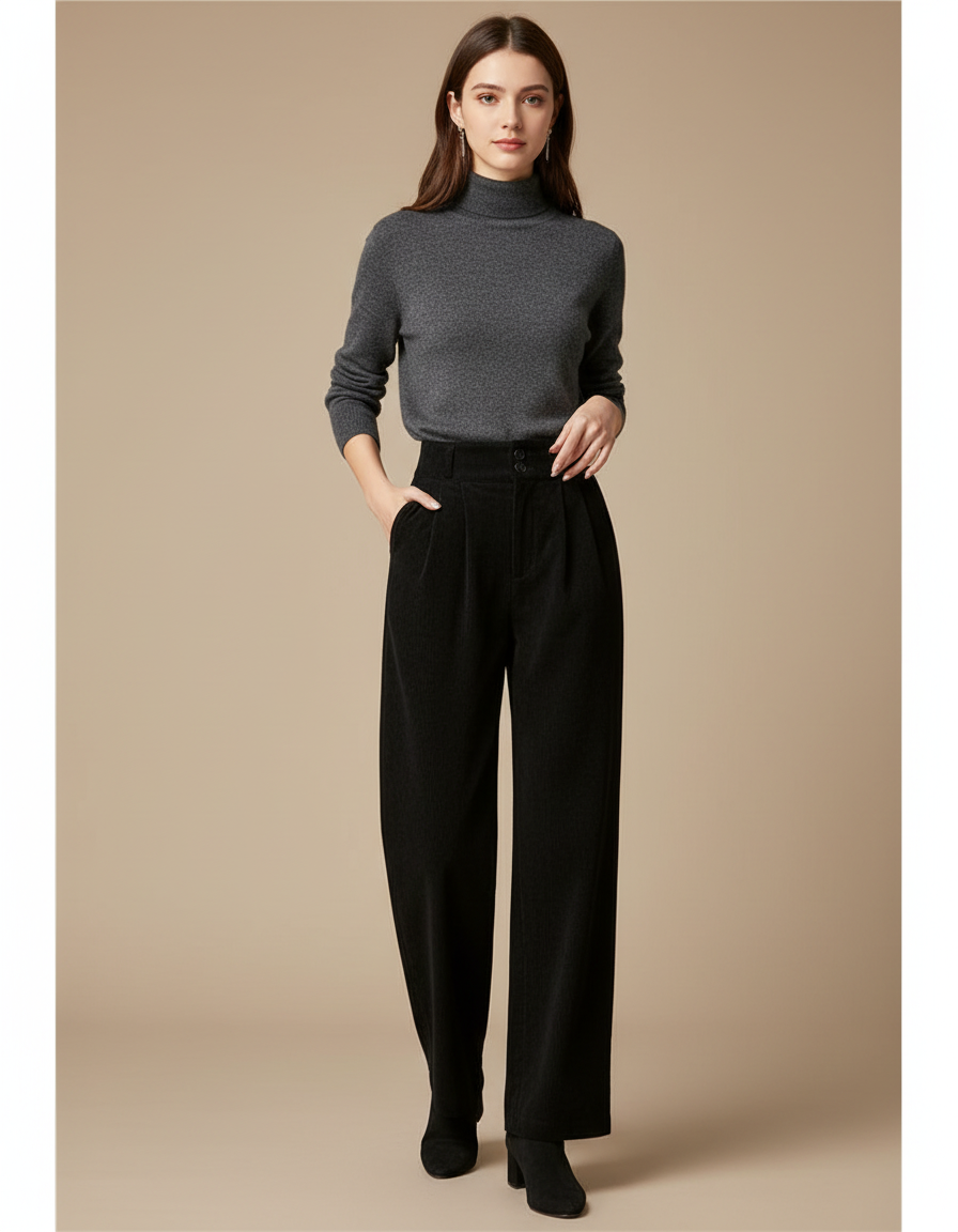 Pantalon Noir Velours Côtelé Ample Taille Haute Femme - Cordé