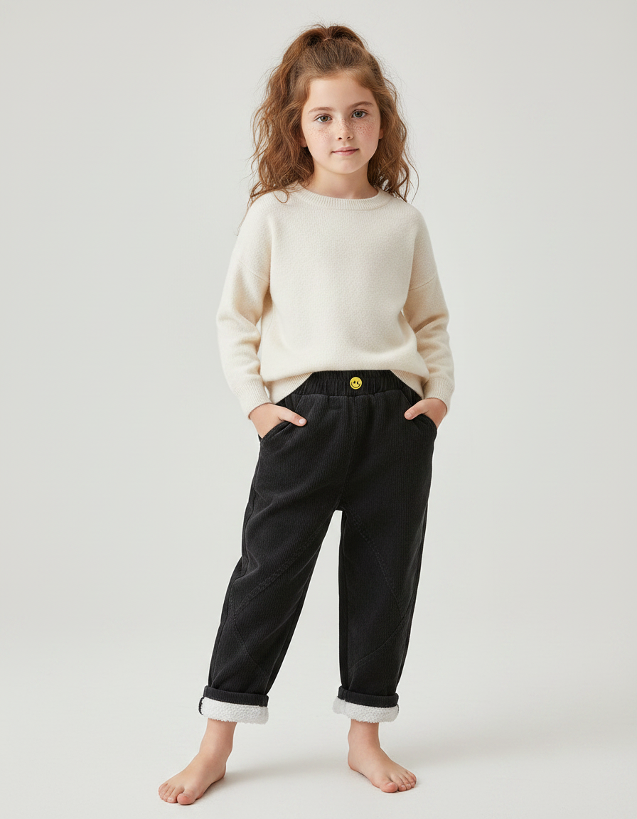 Pantalon Noir Côtelé Ample Doublé Enfant - Cordé