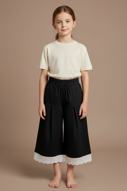 Pantalon Noir Ample Plissé Dentelle Enfant - Gabardine