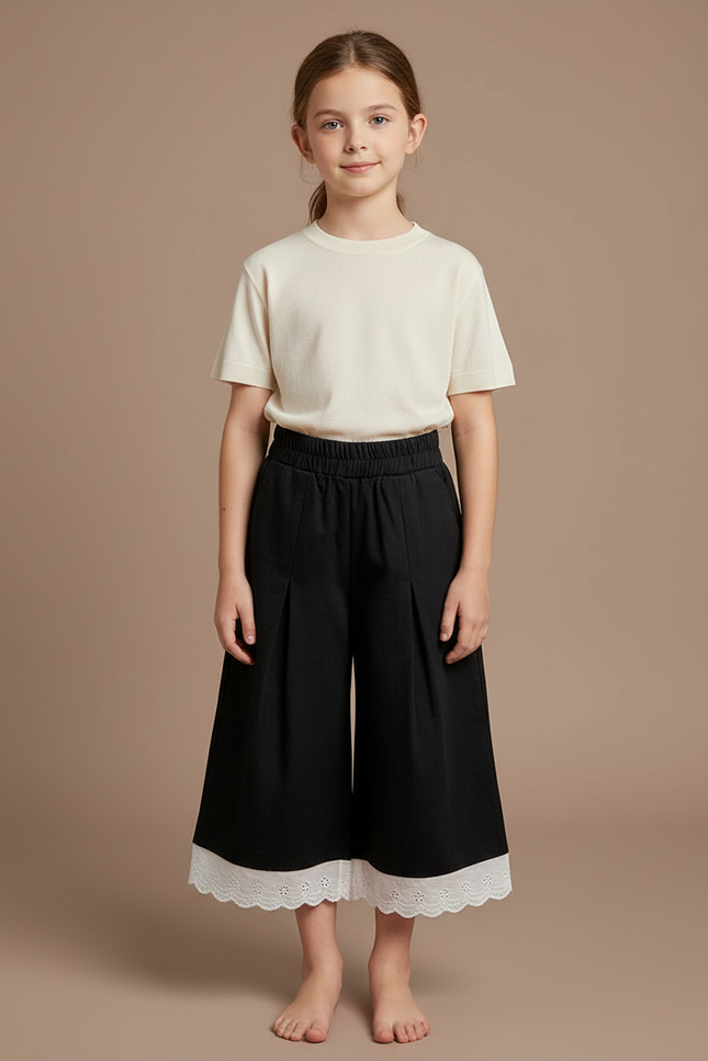 Pantalon Noir Ample Plissé Dentelle Enfant - Gabardine