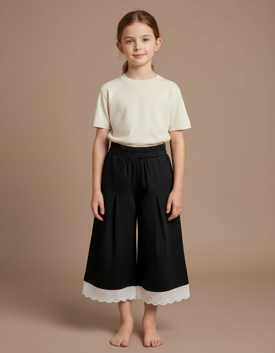 Pantalon Noir Ample Plissé Dentelle Enfant - Gabardine