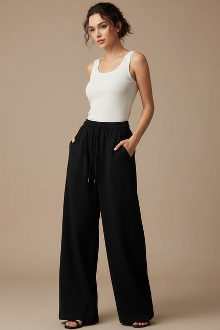 Pantalon Noir Large Fluide Décontracté Confortable - Molleton