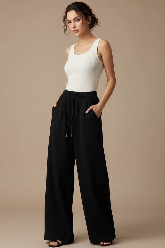 Pantalon Noir Large Fluide Décontracté Confortable - Molleton