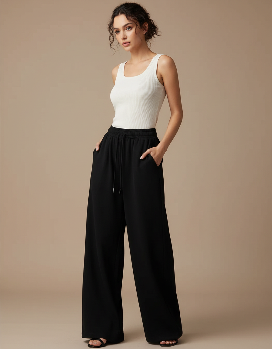Pantalon Noir Large Fluide Décontracté Confortable - Molleton