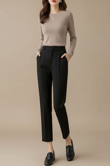 Pantalon Noir Femme Taille Haute Droit Élégant - Gabardine