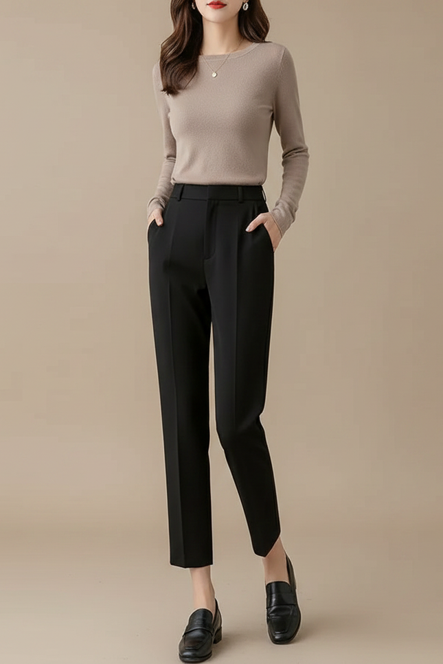 Pantalon Noir Femme Taille Haute Droit Élégant - Gabardine