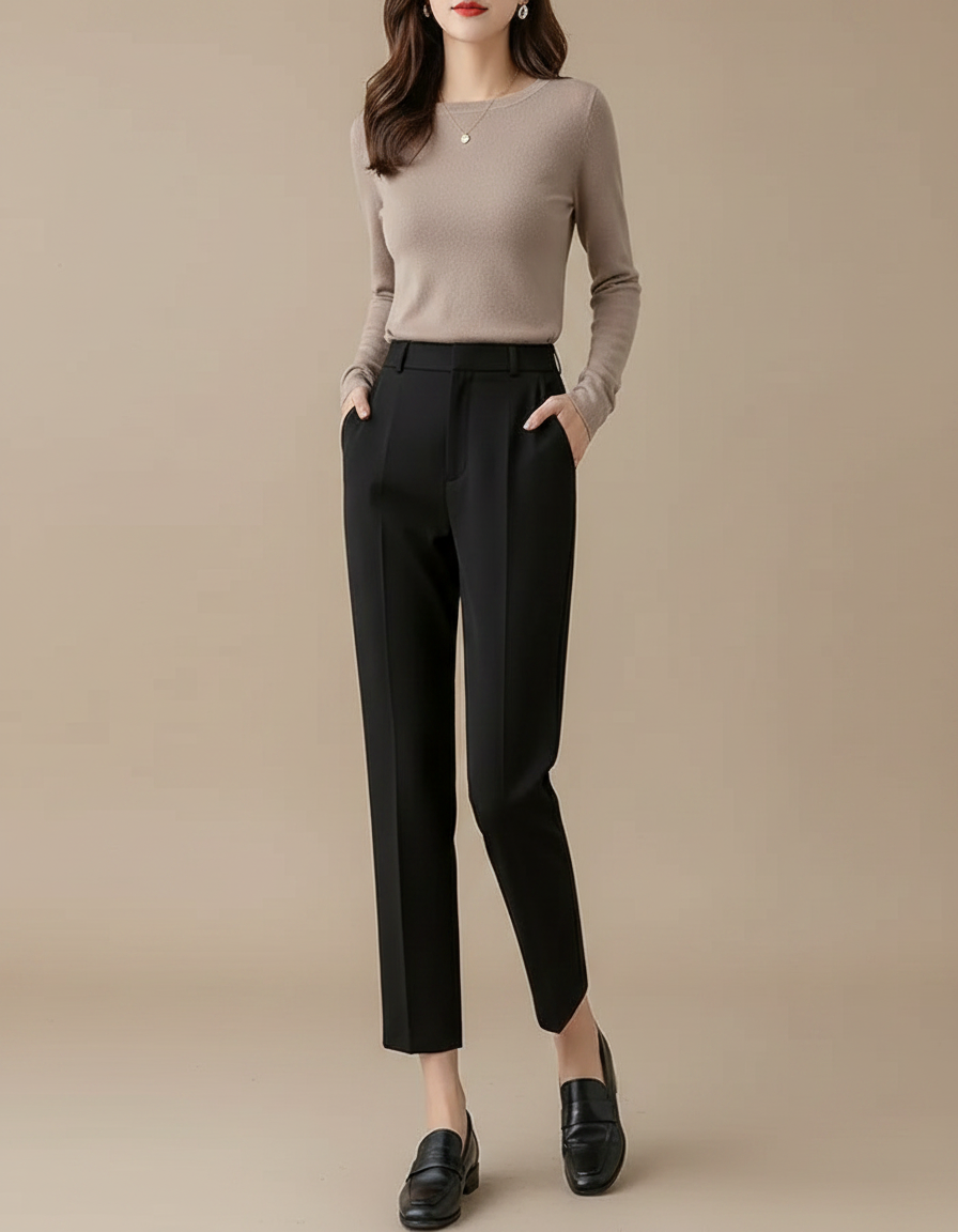 Pantalon Noir Femme Taille Haute Droit Élégant - Gabardine