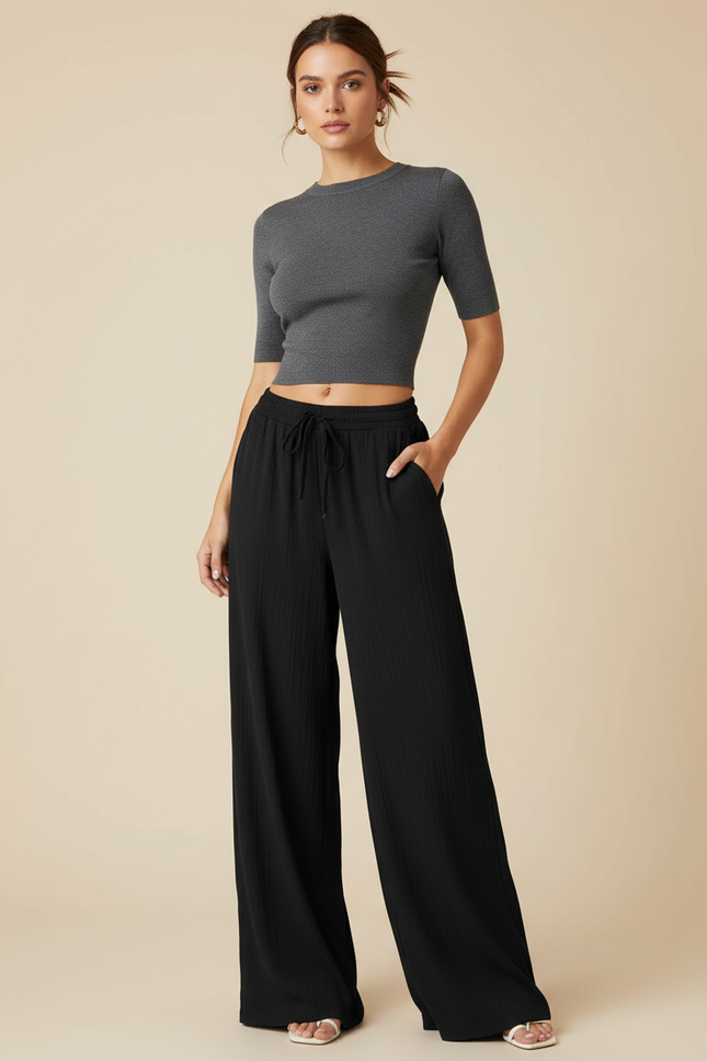 Pantalon Noir Fluide Ample Taille Haute Confortable - Viscose