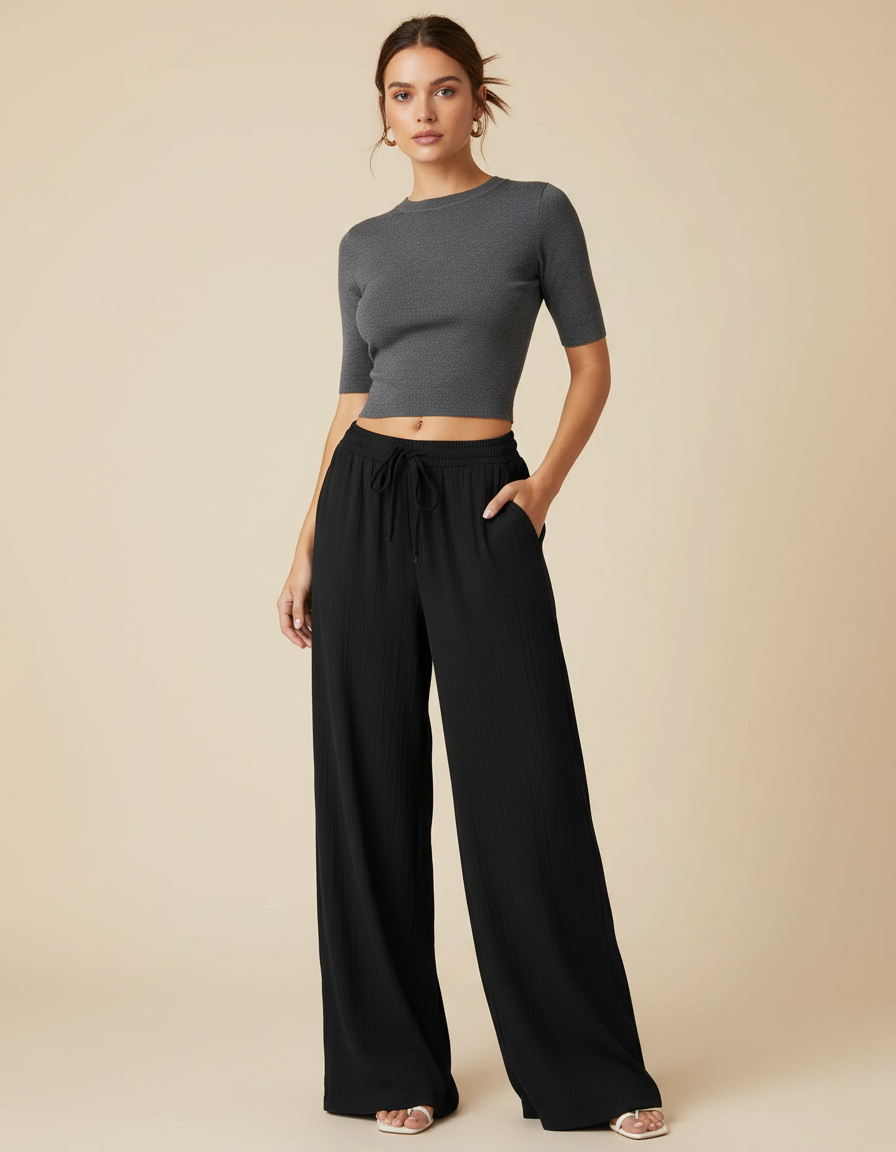 Pantalon Noir Fluide Ample Taille Haute Confortable - Viscose