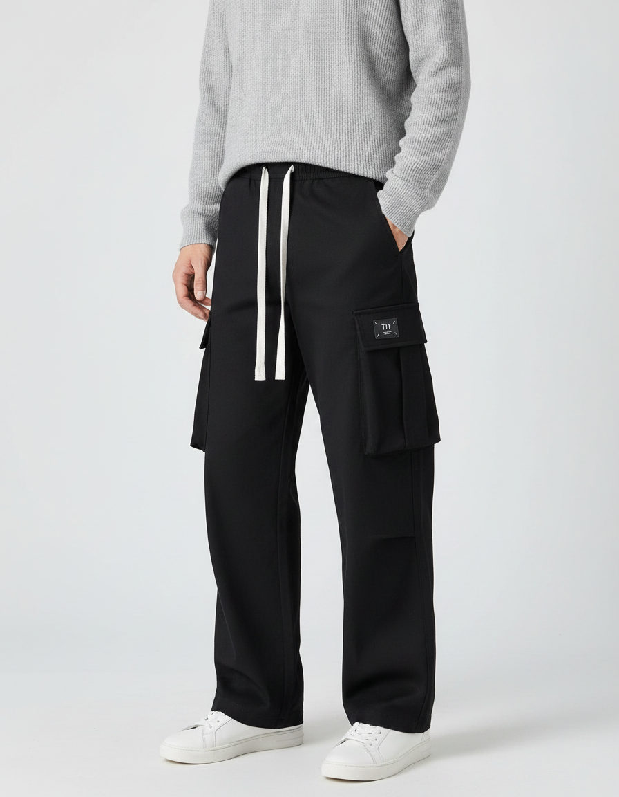 Pantalon Noir Cargo Ample Décontracté Jogger Homme - Polyester
