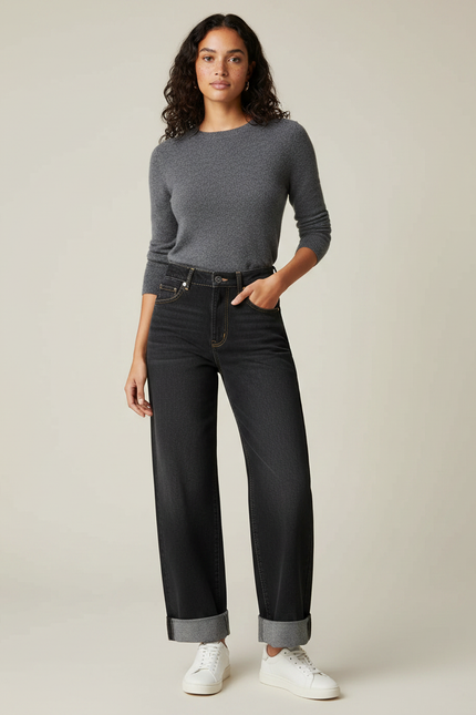 Pantalon Noir Jean Large Taille Haute Femme