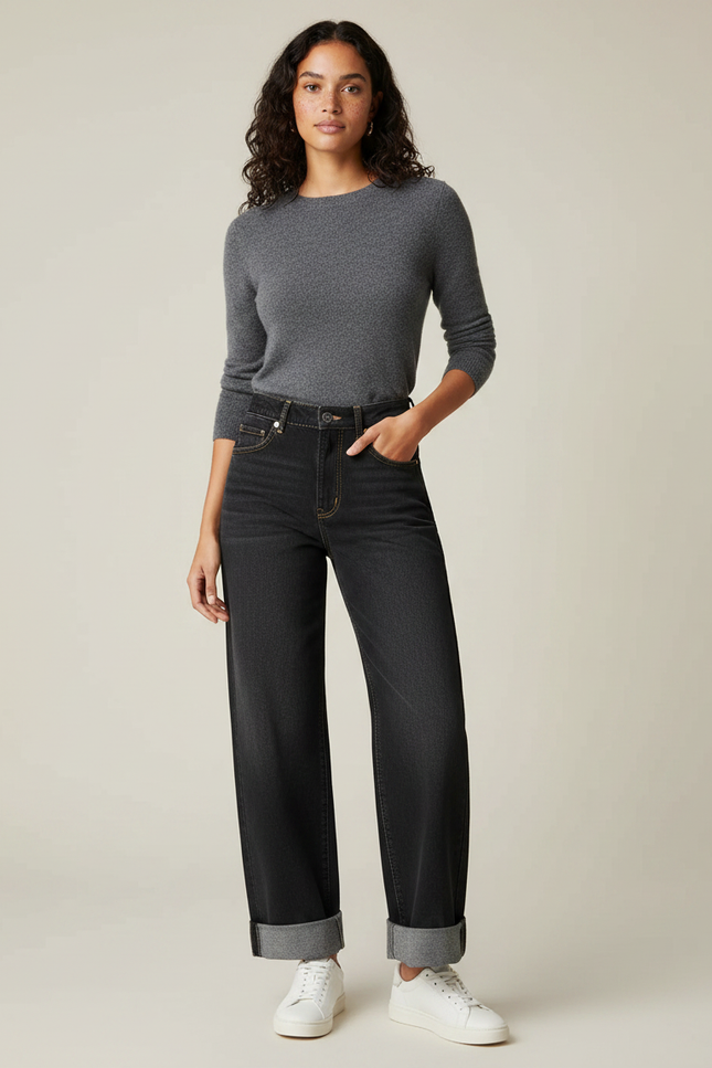 Pantalon Noir Jean Large Taille Haute Femme