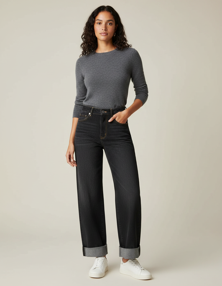 Pantalon Noir Jean Large Taille Haute Femme