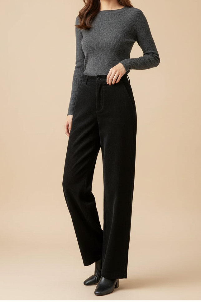 Pantalon Noir Côtelé Droit Taille Haute Épais Femme - Cordé