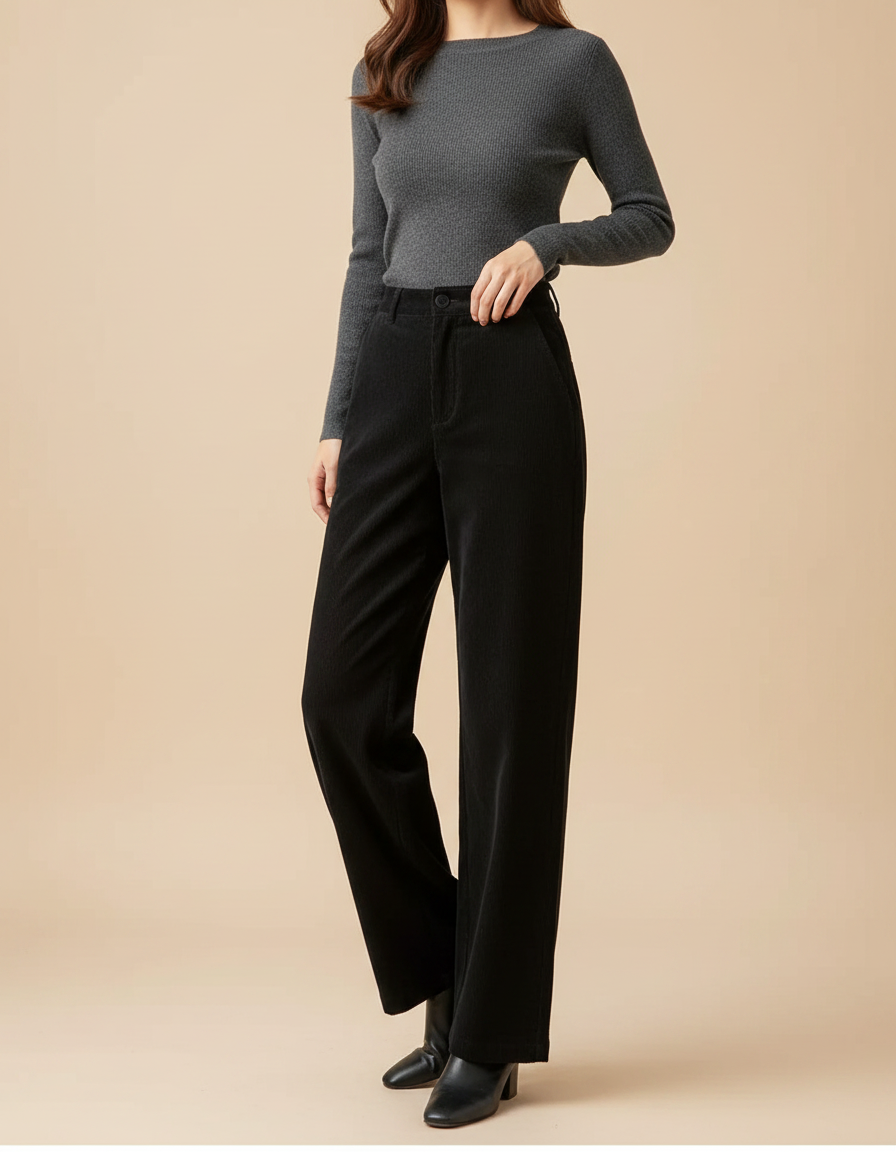 Pantalon Noir Côtelé Droit Taille Haute Épais Femme - Cordé