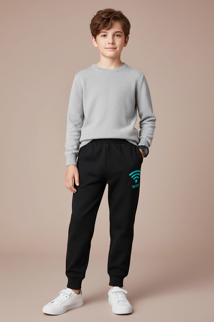 Pantalon Noir Jogging Coton Imprimé Wifi Garçon - Molleton