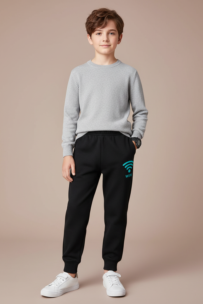 Pantalon Noir Jogging Coton Imprimé Wifi Garçon - Molleton