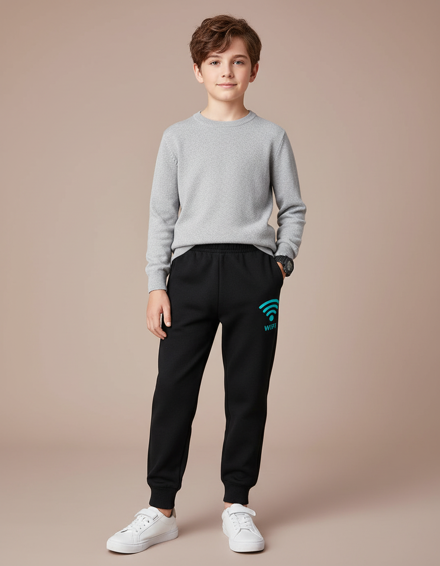 Pantalon Noir Jogging Coton Imprimé Wifi Garçon - Molleton