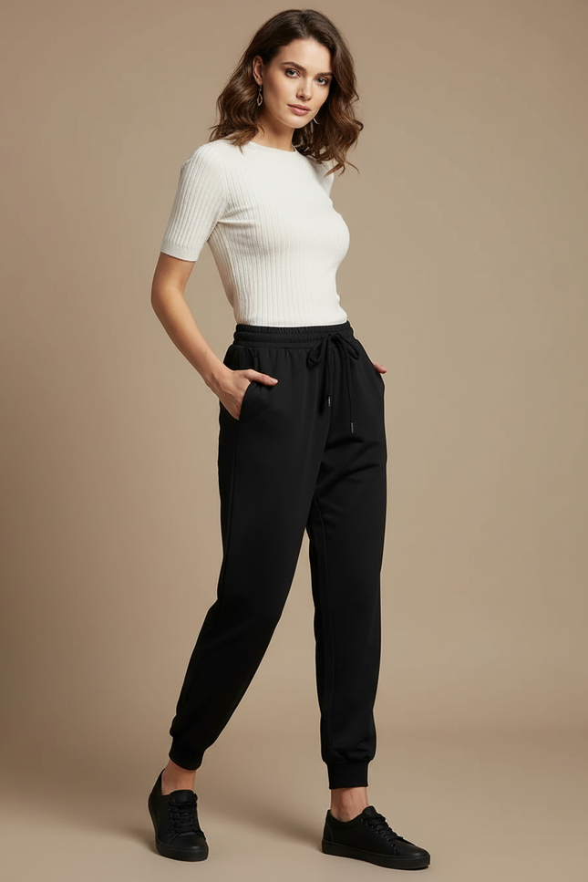 Pantalon Noir Taille Élastique Femme - Molleton