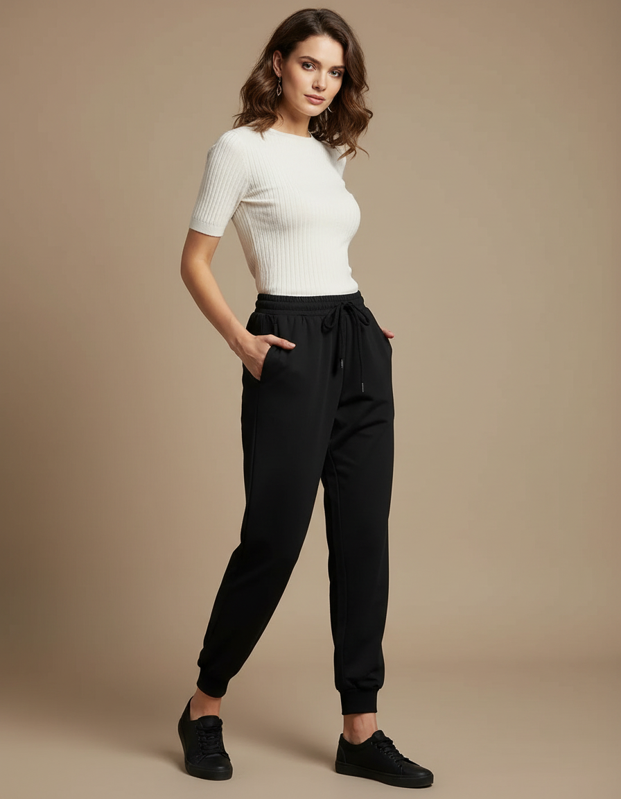 Pantalon Noir Taille Élastique Femme - Molleton