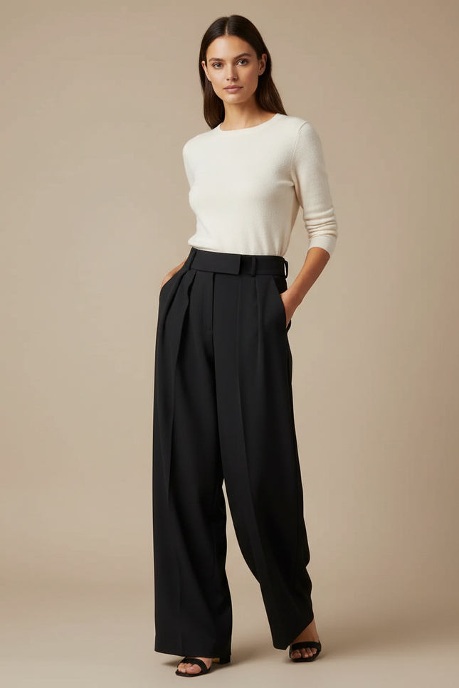 Pantalon Noir Fluide, Taille Haute, Plissé, Élégant - Polyester