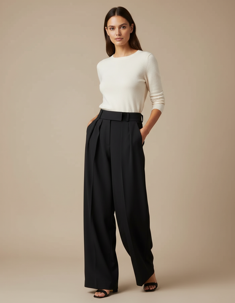 Pantalon Noir Fluide, Taille Haute, Plissé, Élégant - Polyester