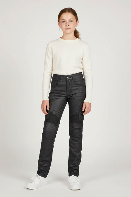 Pantalon Noir Moto Côtelé Enfant Enduit - Simili cuir