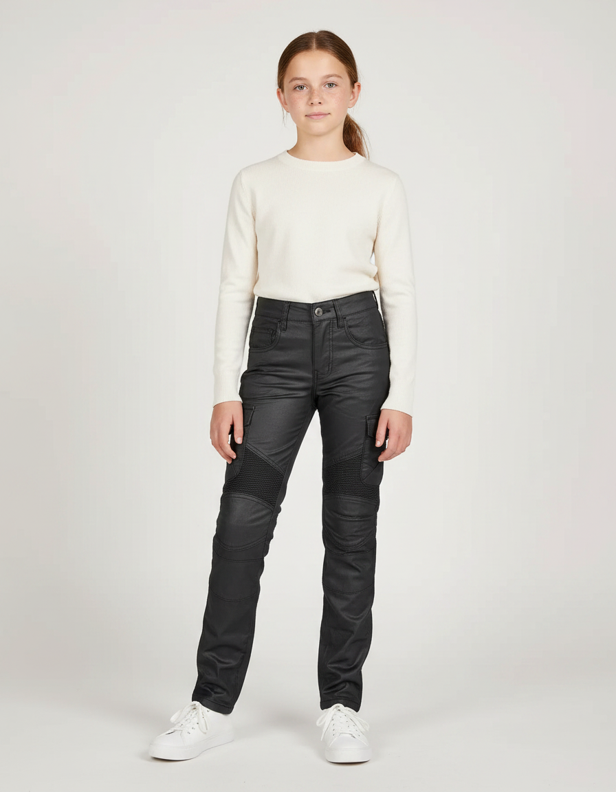Pantalon Noir Moto Côtelé Enfant Enduit - Simili cuir