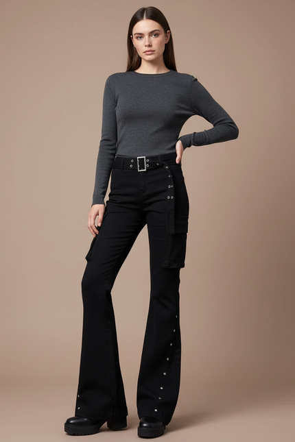 Pantalon Noir Évasé Rivets Cargo Boutons Femme - Gabardine
