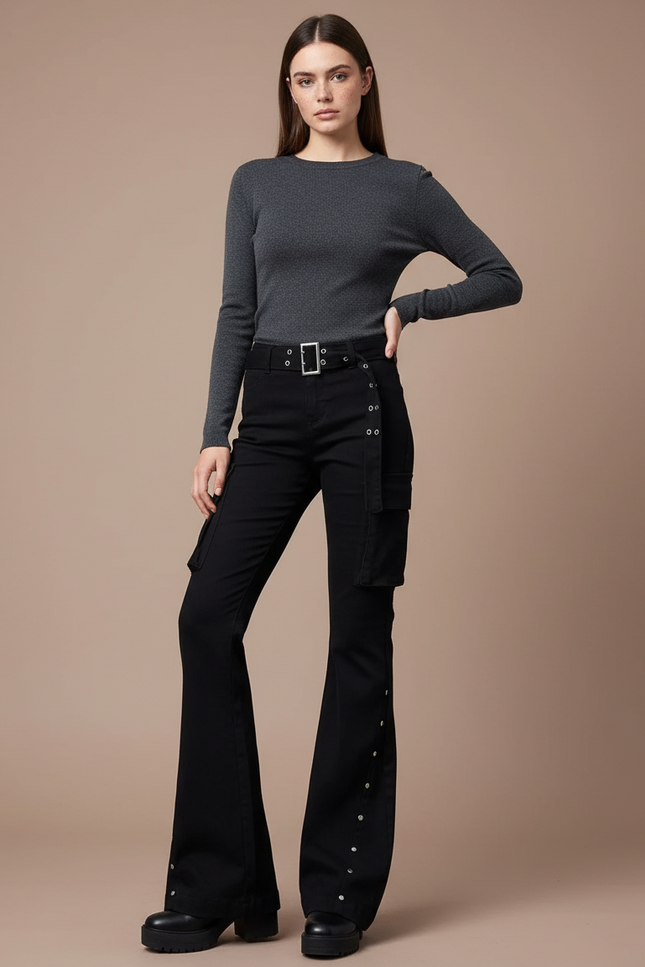Pantalon Noir Évasé Rivets Cargo Boutons Femme - Gabardine