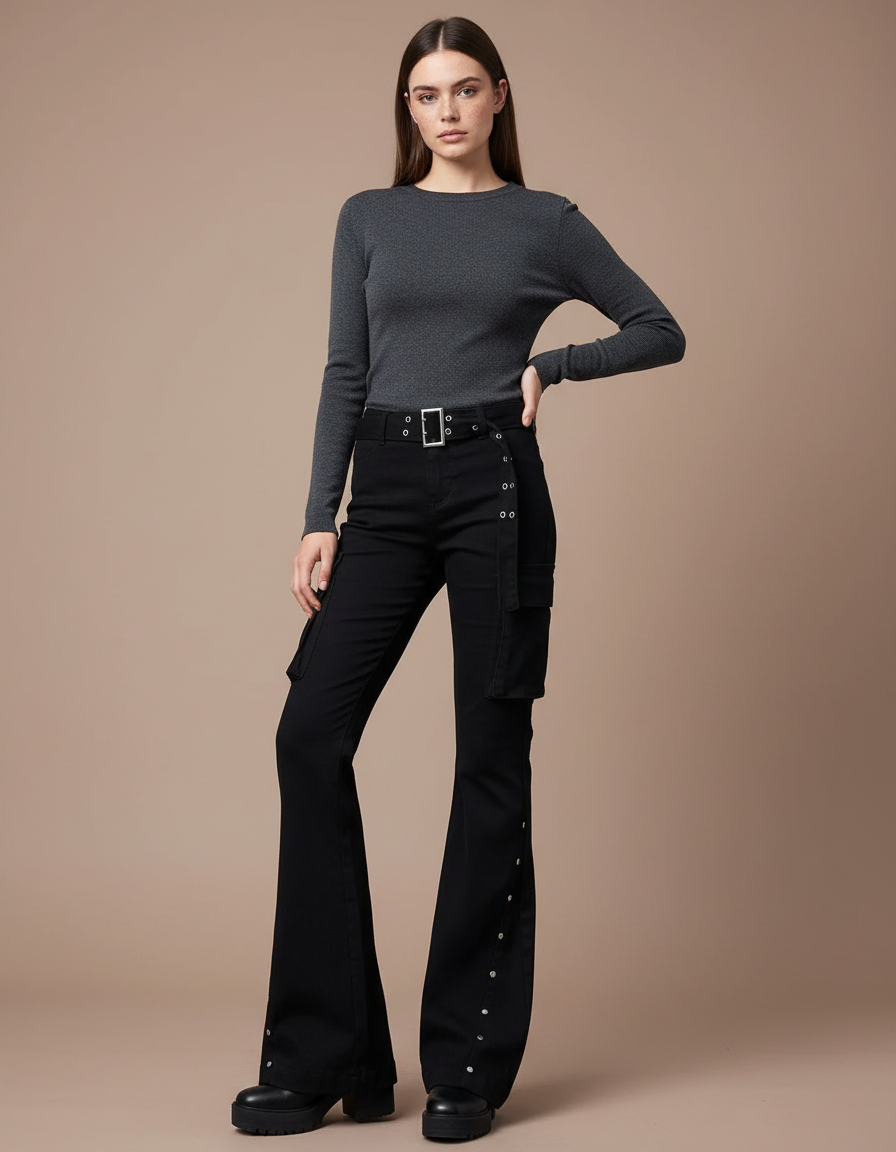 Pantalon Noir Évasé Rivets Cargo Boutons Femme - Gabardine