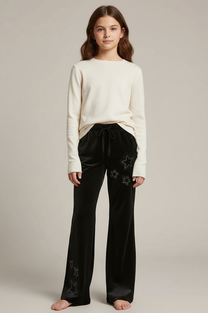 Pantalon Noir Velours Évasé Étoiles Strass Fille