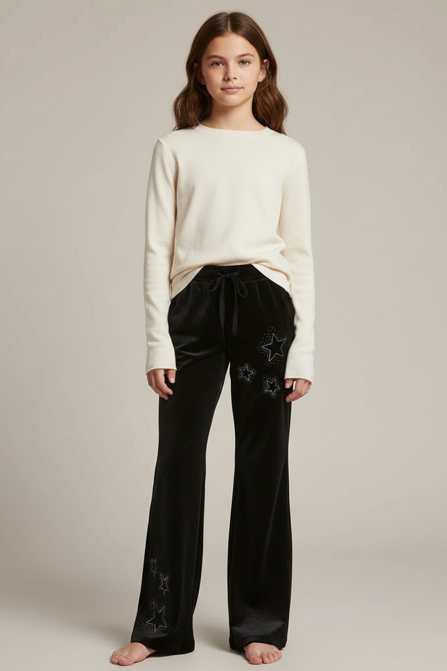 Pantalon Noir Velours Évasé Étoiles Strass Fille