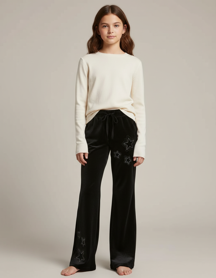 Pantalon Noir Velours Évasé Étoiles Strass Fille