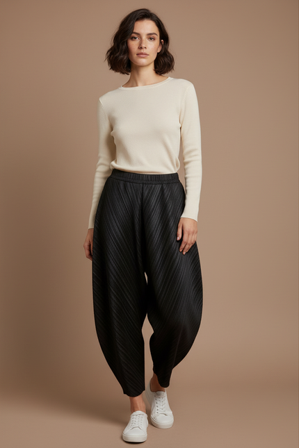 Pantalon Noir Plissé Ample Confortable Femme - Polyester