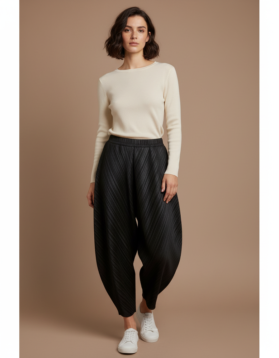 Pantalon Noir Plissé Ample Confortable Femme - Polyester