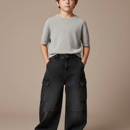 Pantalon Noir Cargo Ample Denim Garçon Décontracté - Jean