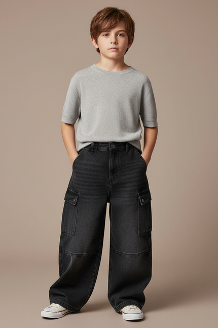 Pantalon Noir Cargo Ample Denim Garçon Décontracté - Jean