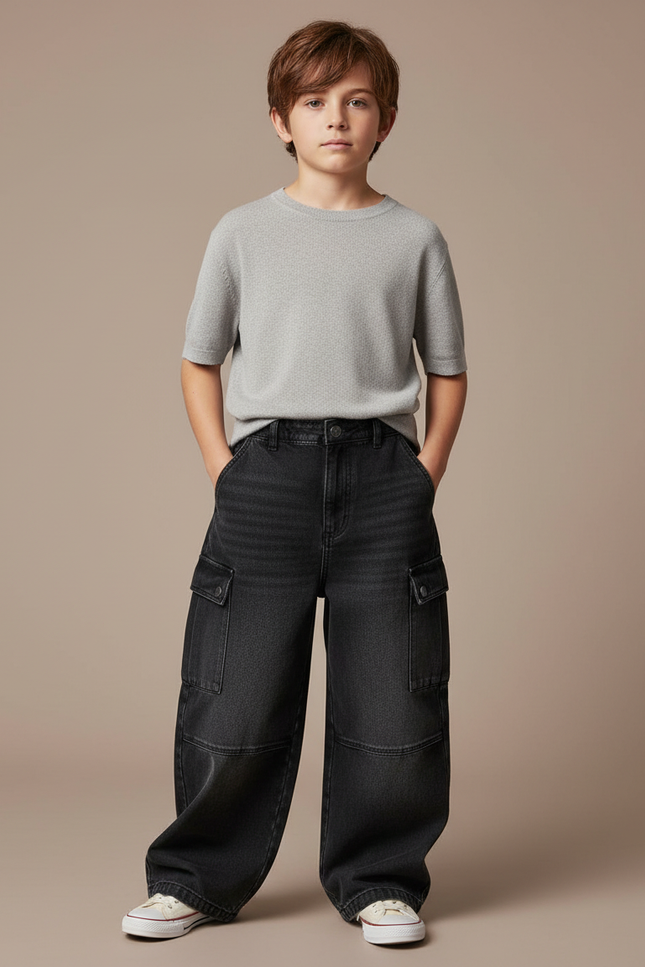 Pantalon Noir Cargo Ample Denim Garçon Décontracté - Jean