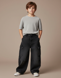 Pantalon Noir Cargo Ample Denim Garçon Décontracté - Jean